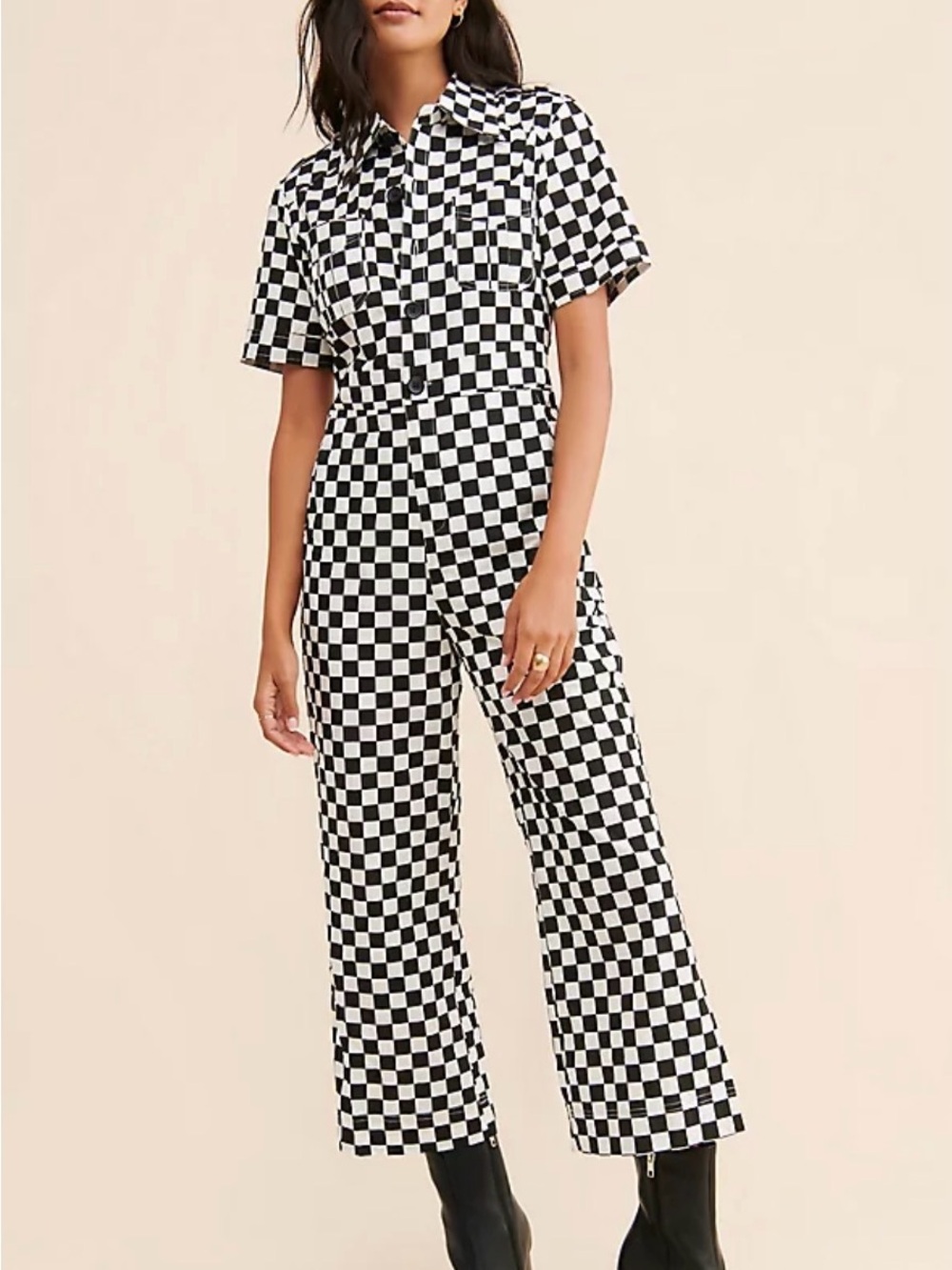 Saint Geraldine Marrs Checkered Coveralls Jumpsuit Black White S Anthropologie